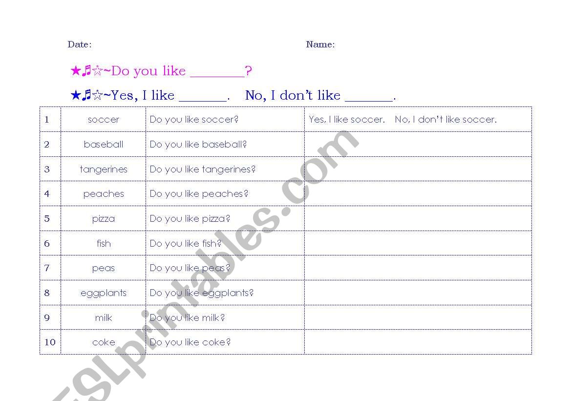 Do you like~?(Exercise) worksheet