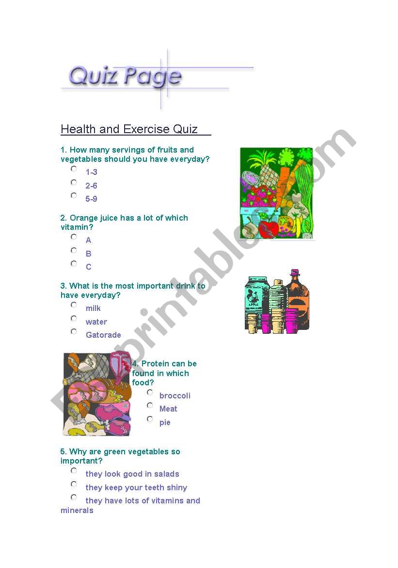 health quiz worksheet