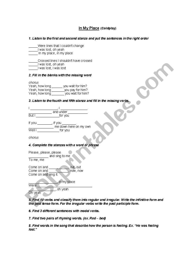 In My Place: Cold Play  Worksheet