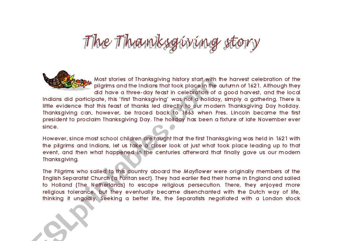 The Thanksgiving story worksheet