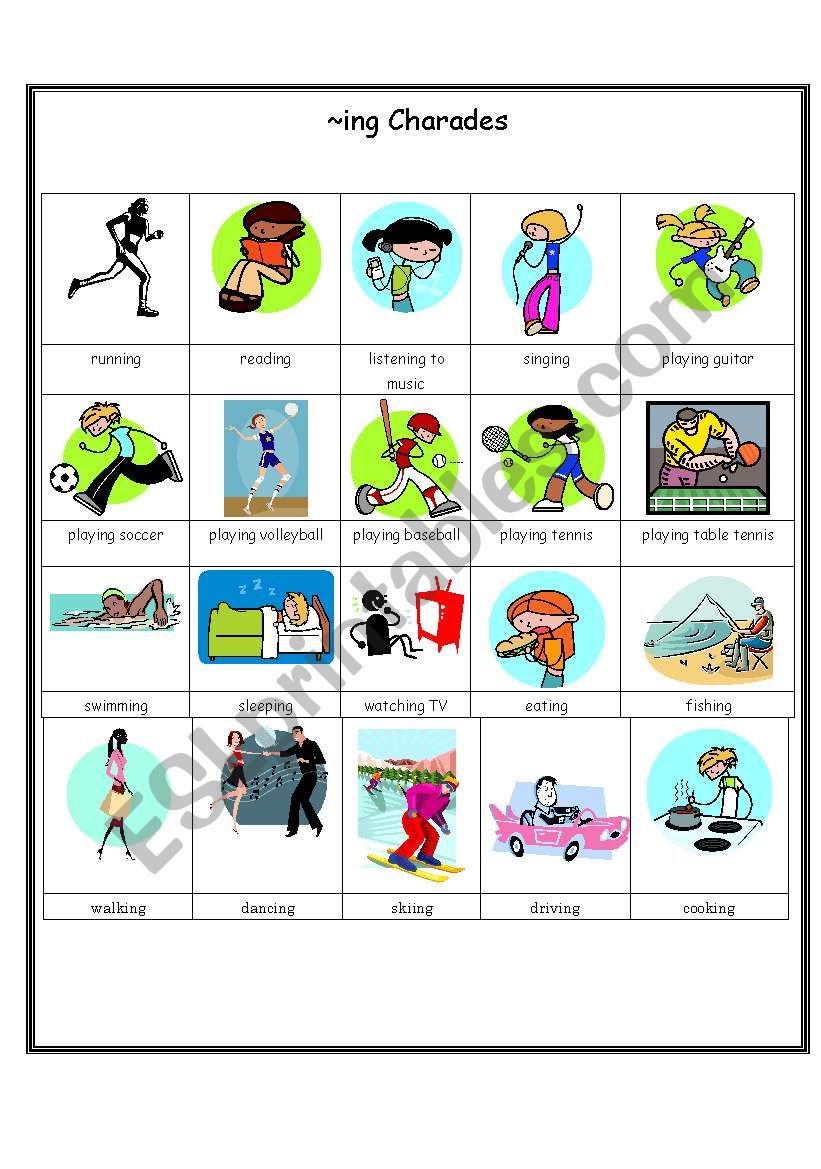 present continuous ing verb cards charades esl worksheet