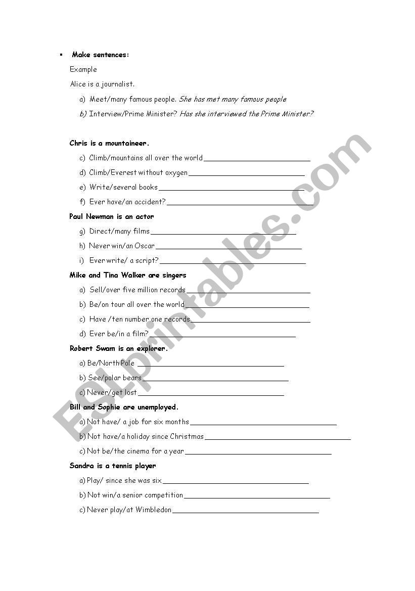 Present Perfect Sentences worksheet