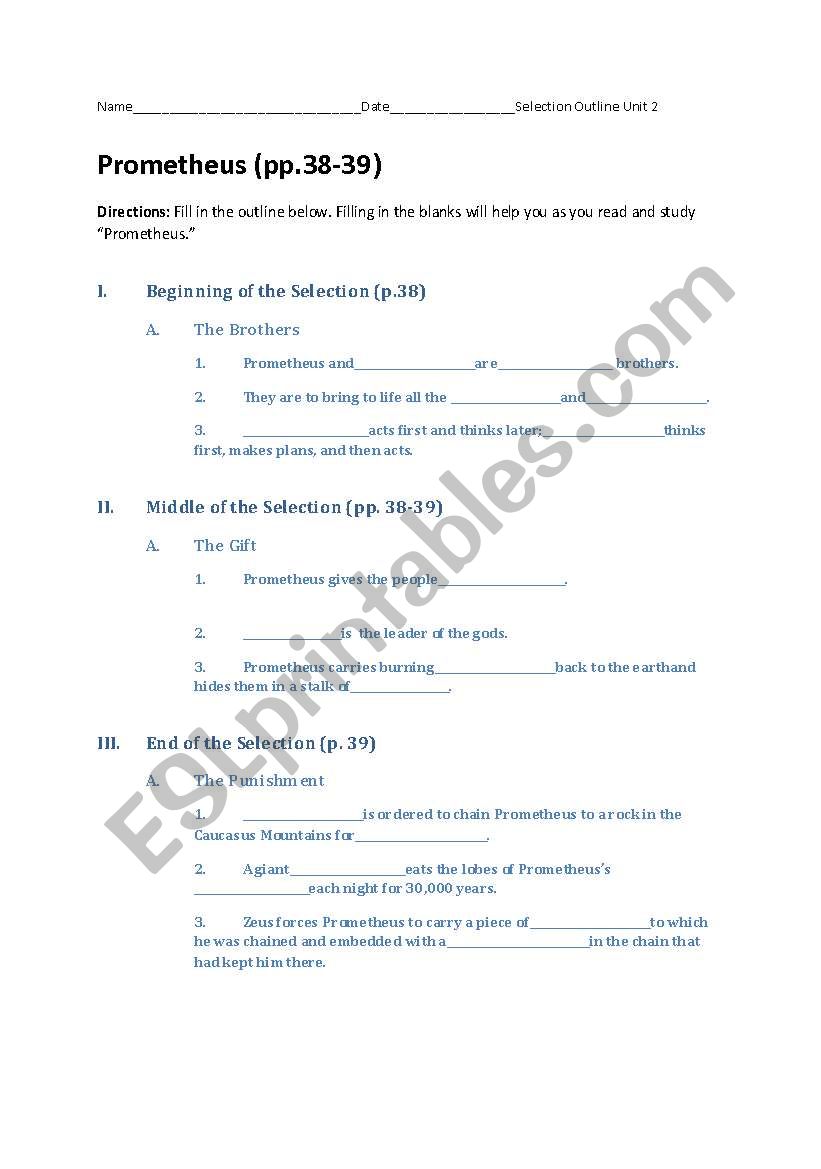 Prometheus: greek Mythology worksheet