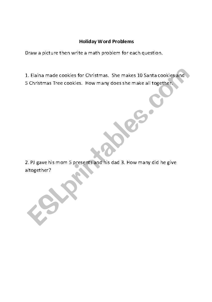 Holiday Word Problems worksheet