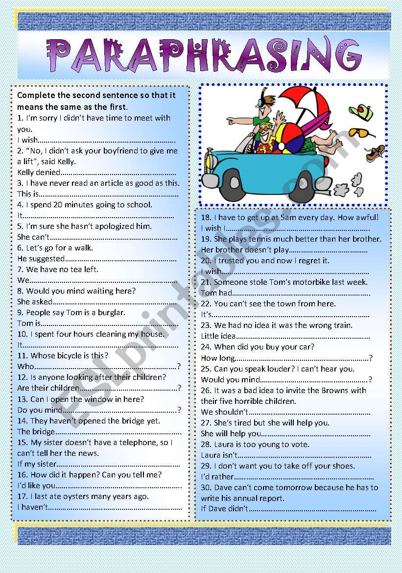 Paraphrasing KEY ESL Worksheet By Ania Z