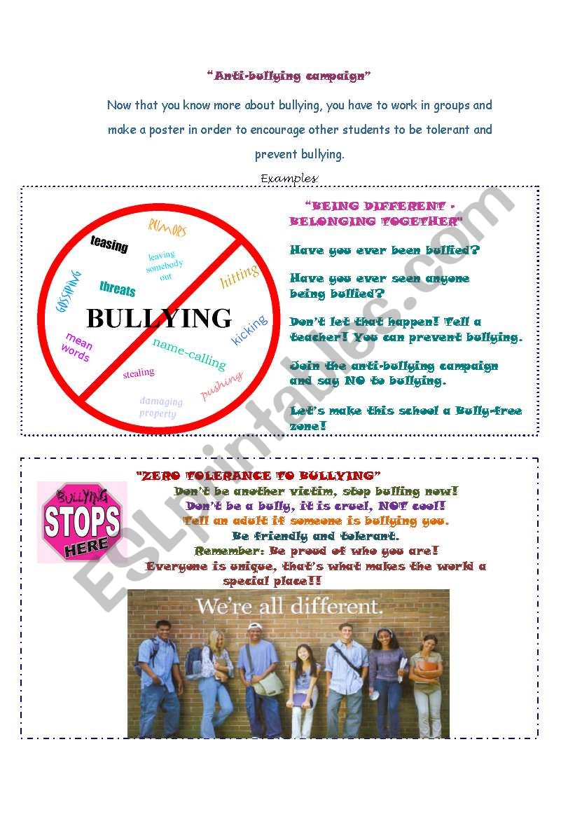 “Anti-bullying campaign” - ESL worksheet by blanmuse