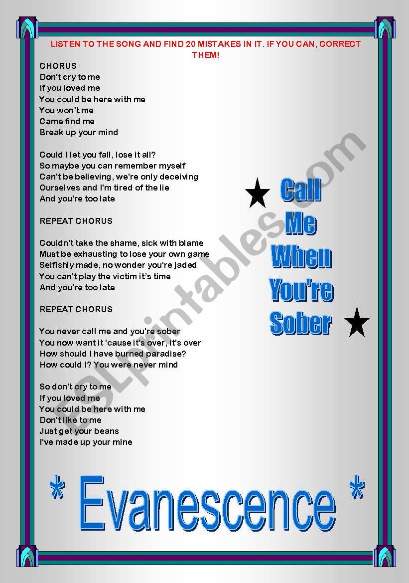 English Worksheets Song Activity Evanescence Call Me When You Re Sober