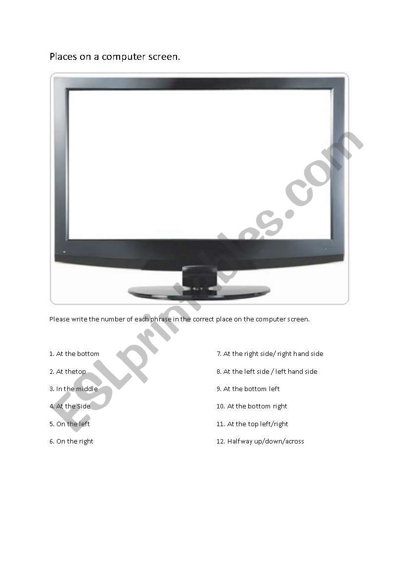 Places on a computer screen worksheet