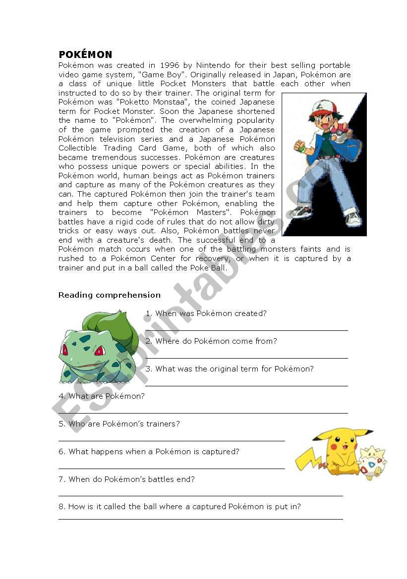 Pokemon Reading Comprehension Esl Worksheet By Lola Rivero