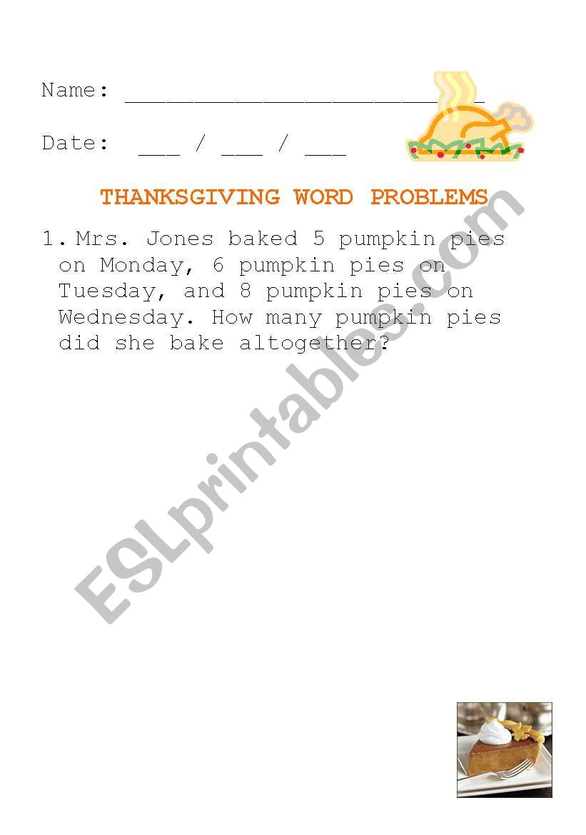 Thanksgiving Word Problems worksheet