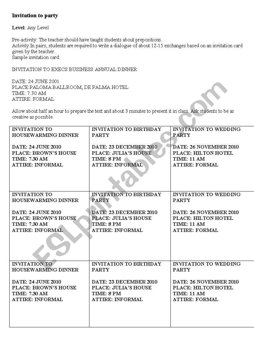 INVITATION activity worksheet