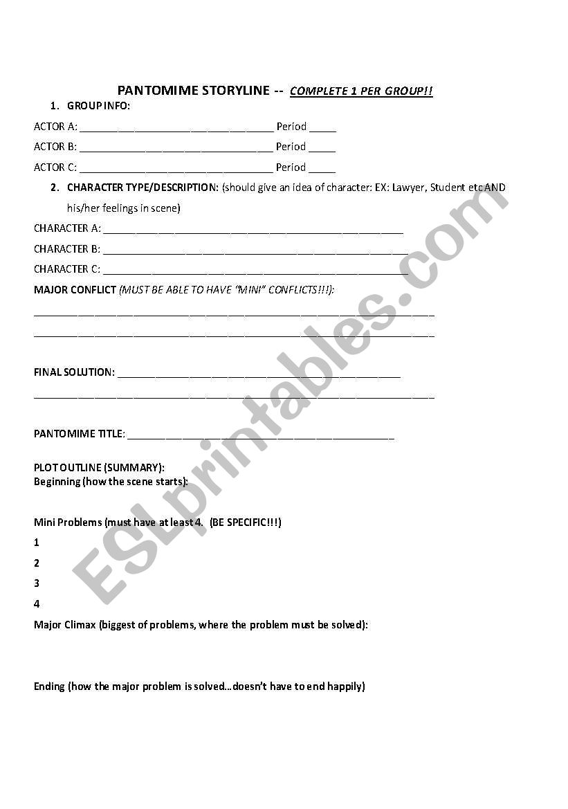 Pantomime Story Outline worksheet