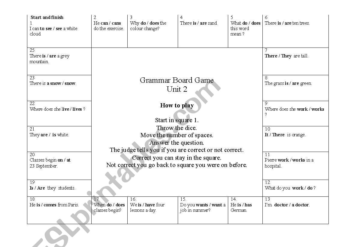 boardgame worksheet