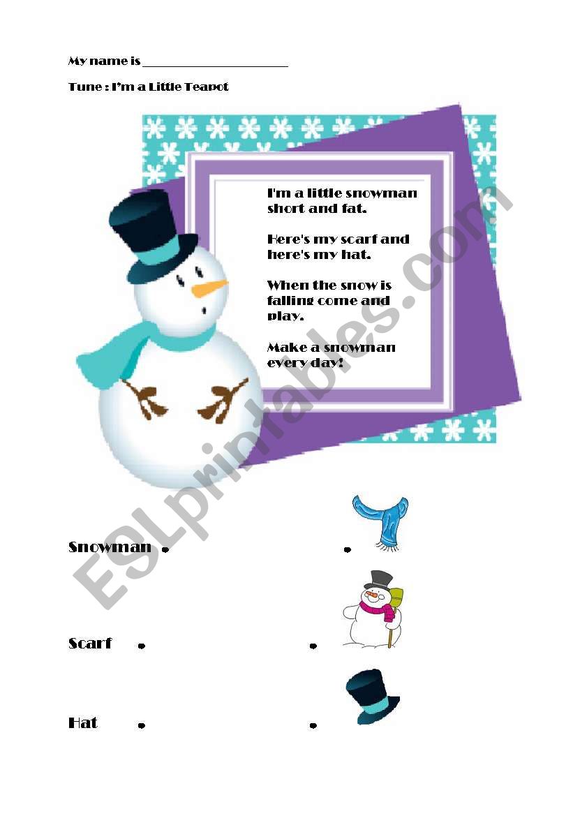 I´m a Little Snowman song - ESL worksheet by pamverv