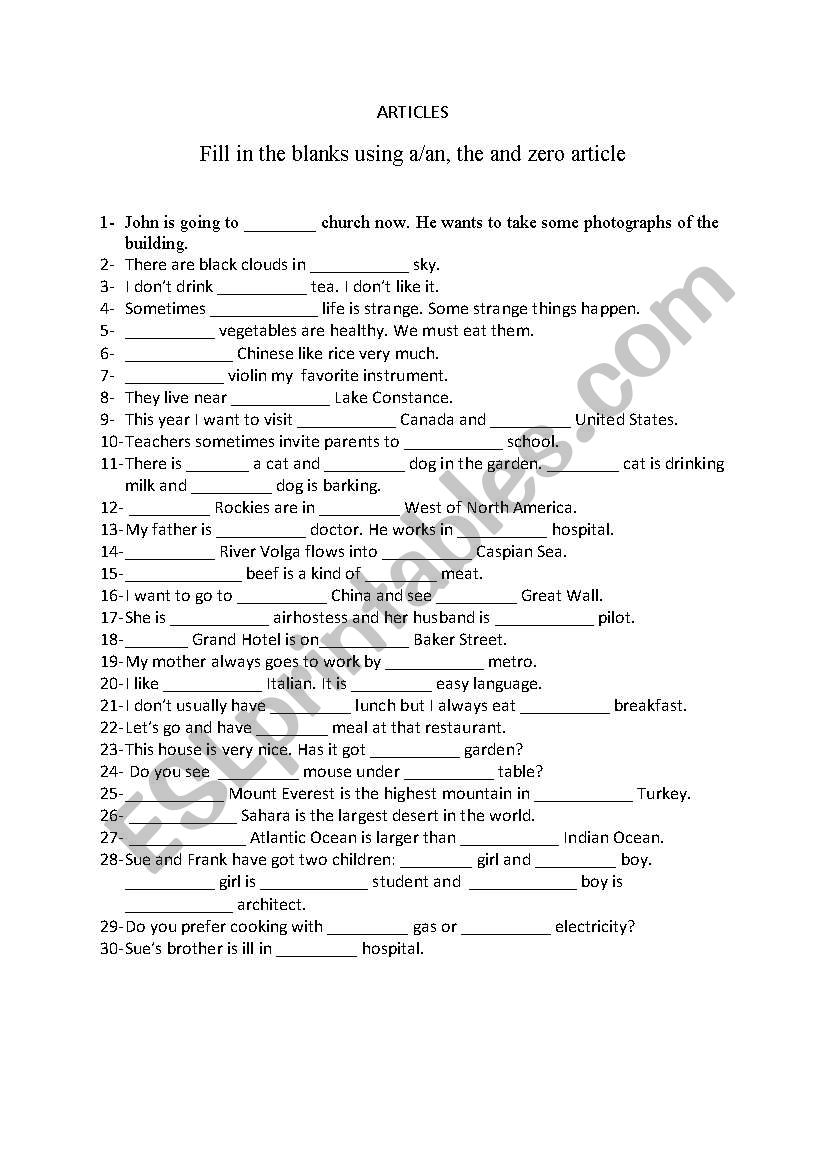 Articles worksheet