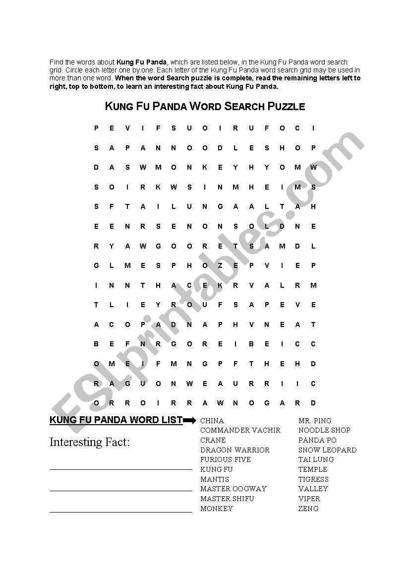 Kung Fu Panda Movie Word Search an Comprehension 