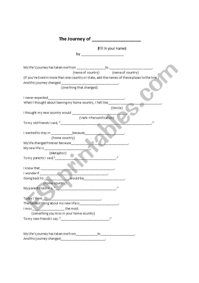 Poem:  My Journey worksheet