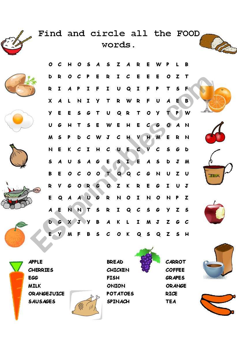 FOOD WORD SEARCH PUZZLE ESL Worksheet By Denizseker