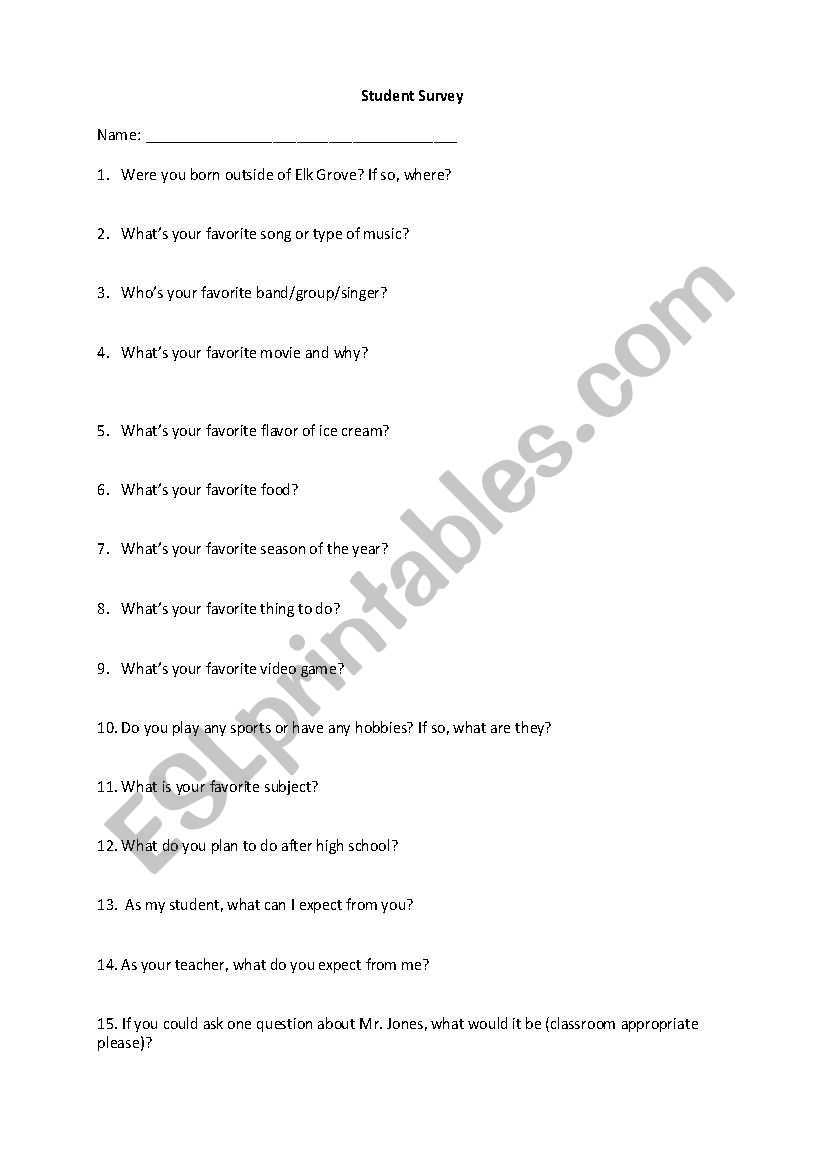 Student interest survey worksheet