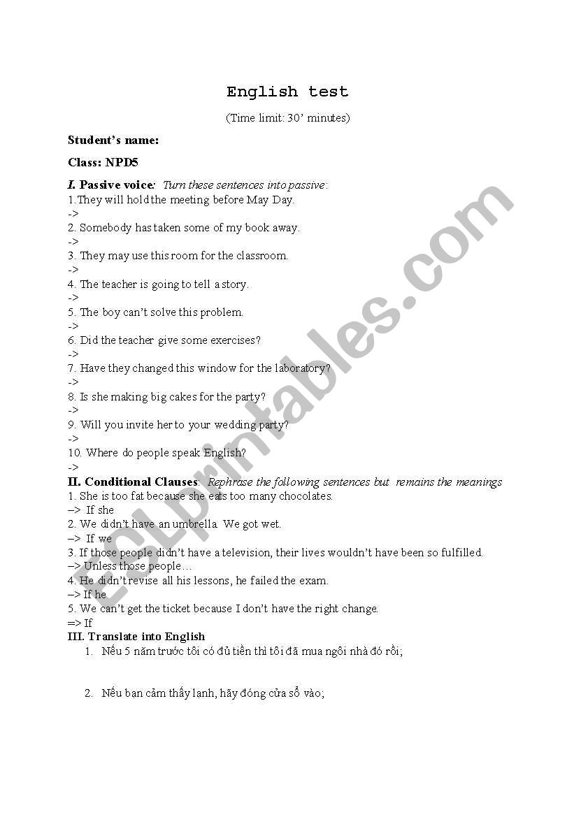 English test 30 worksheet