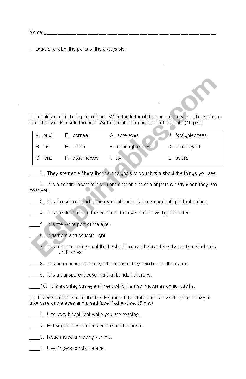 Science Quiz (Eyes) worksheet