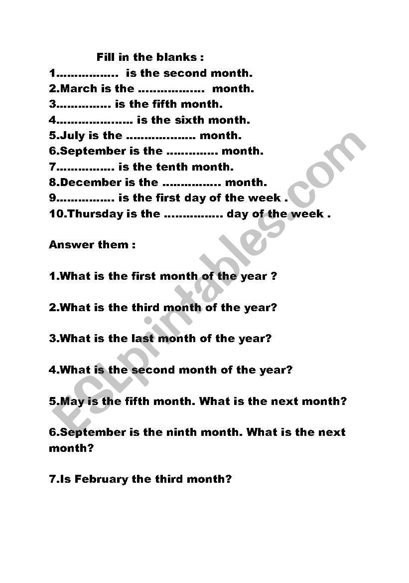 months worksheet