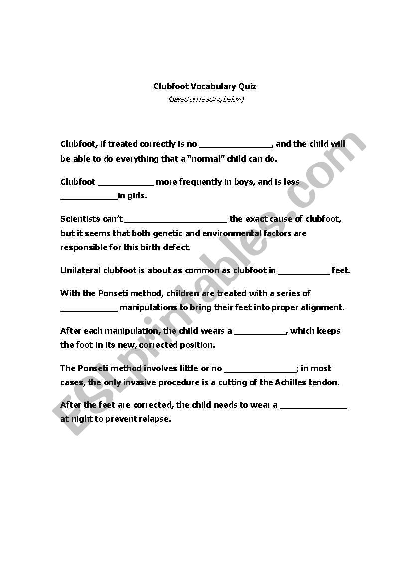 Clubfoot Vocabulary Quiz worksheet