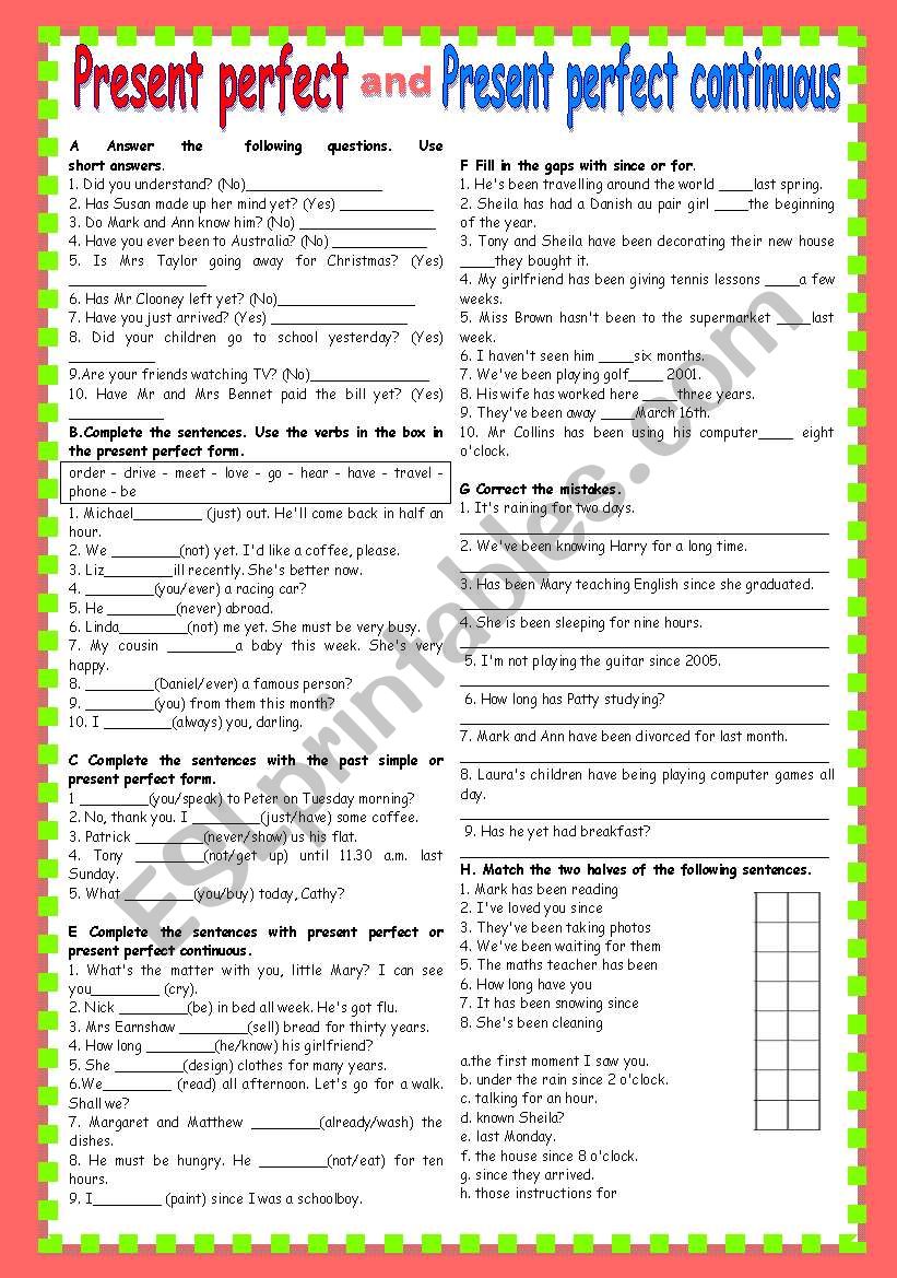 PRESENT PERFECT AND PRESENT PERFECT CONTINUOUS ESL Worksheet By Patties