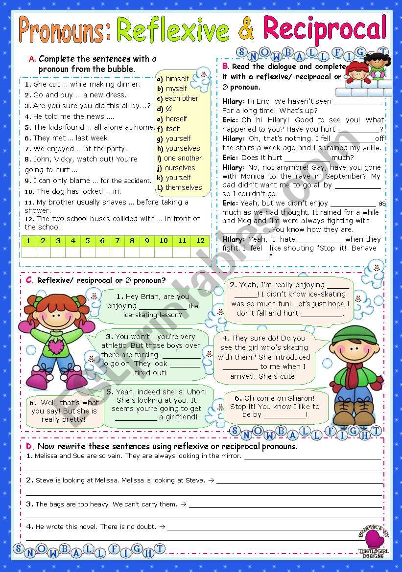 Reflexive Reciprocal Pronouns ESL Worksheet By Mena22