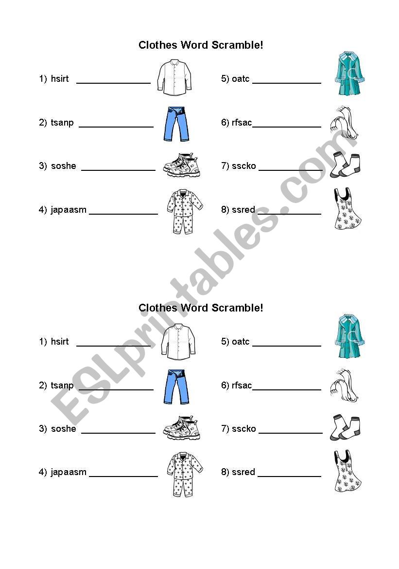 Clothes Word Scramble! worksheet