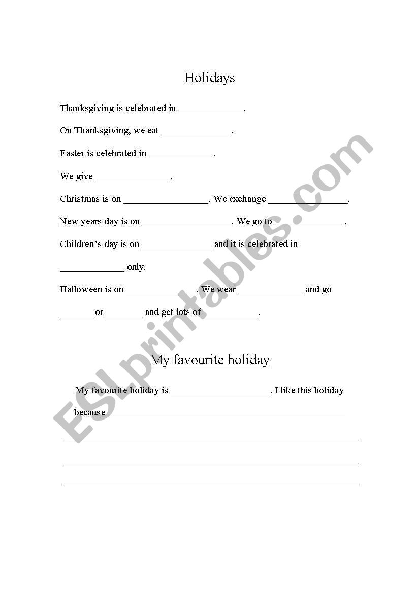 holidays fill in the blank worksheet