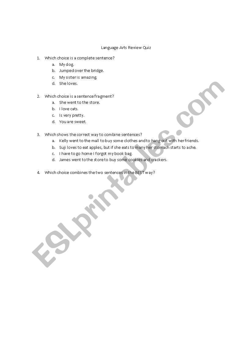 Language Arts Review worksheet