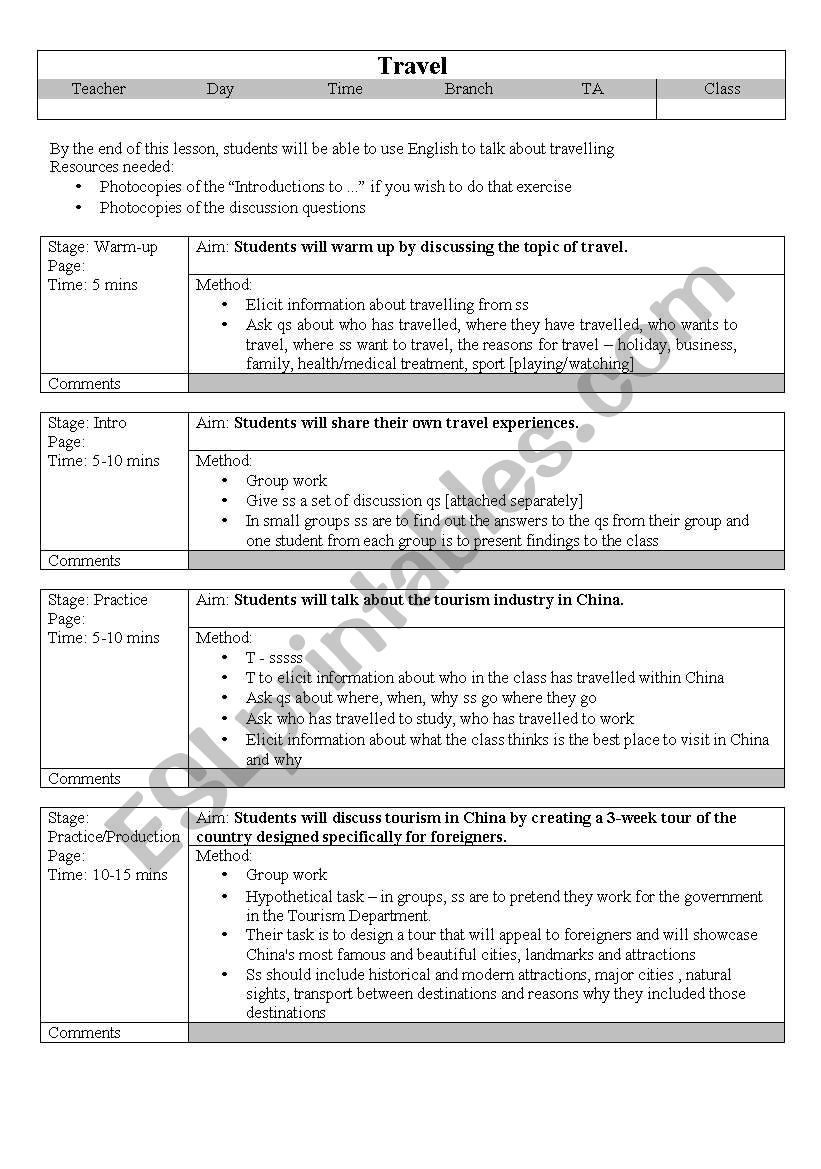 Lesson Plan Travel ESL Worksheet By Anariz