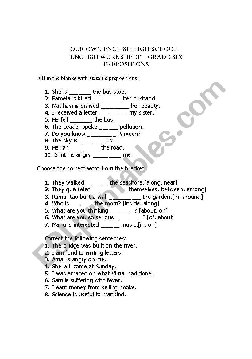 worksheet on preposition worksheet