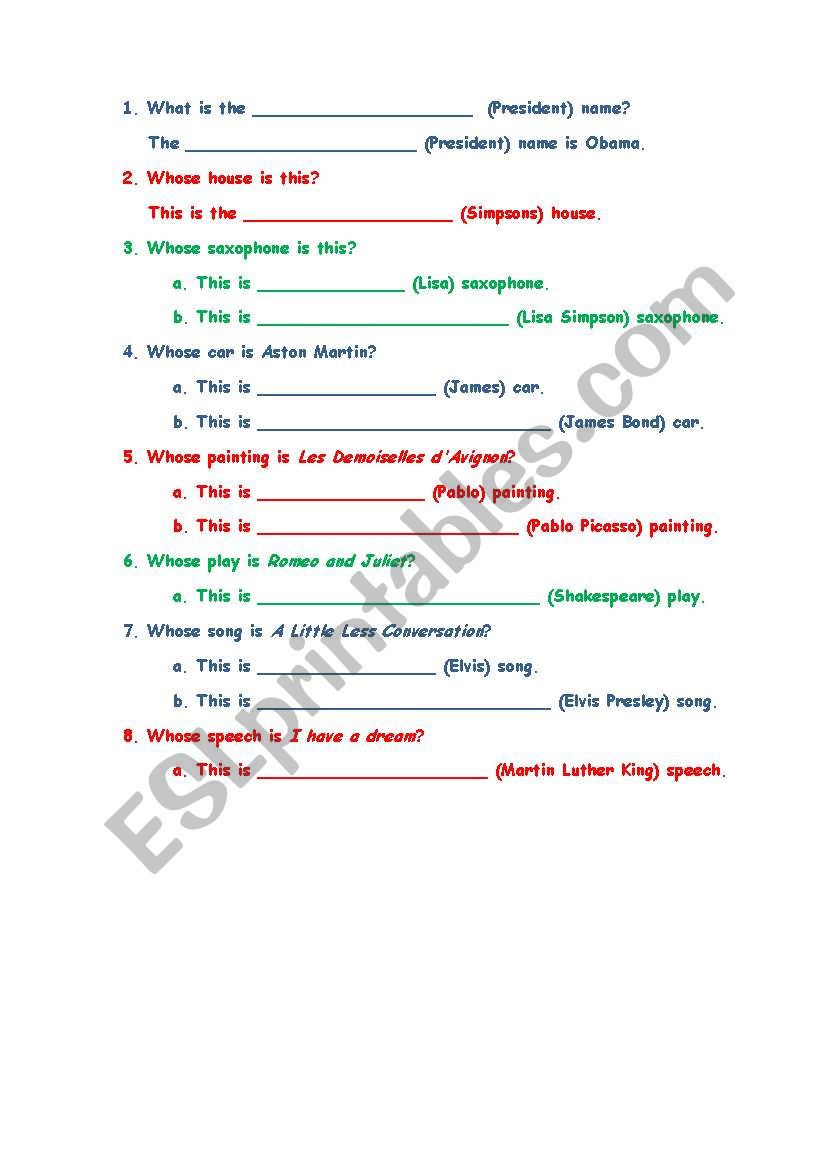 possessive s famous worksheet