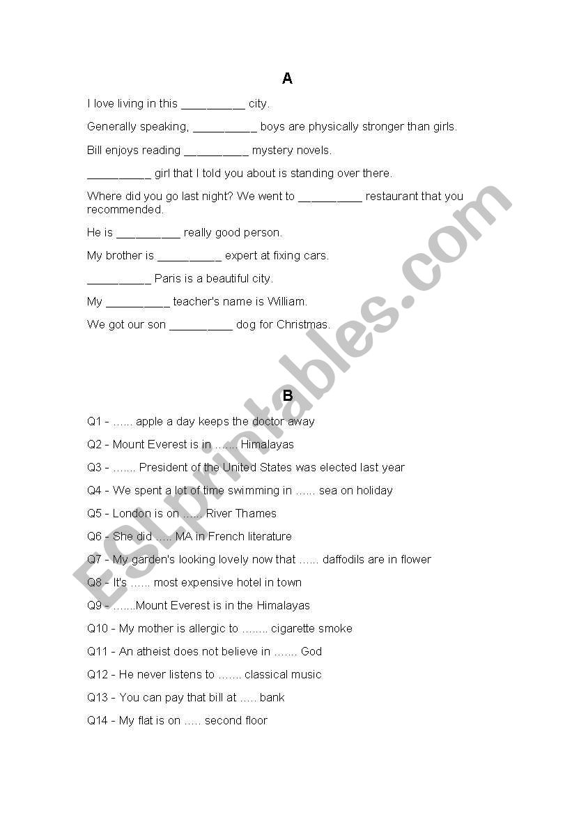 articles  worksheet