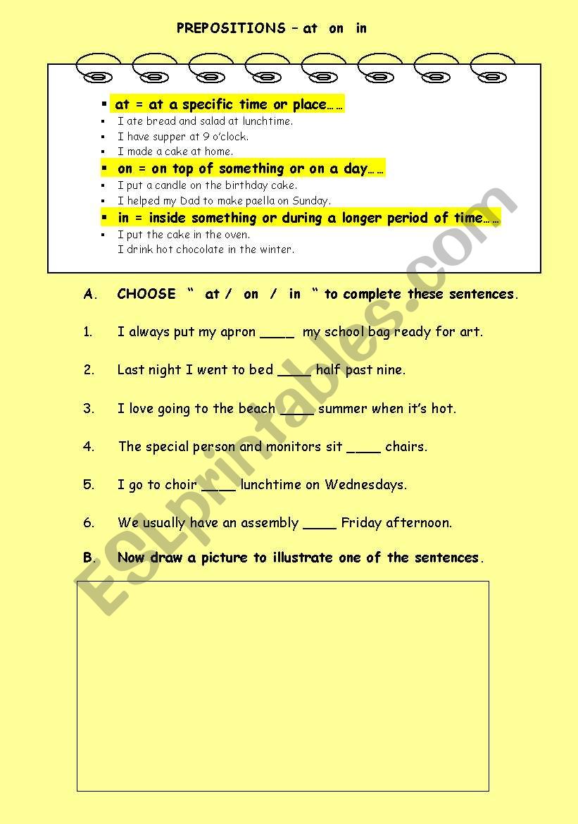   PREPOSITIONS  at  on  in worksheet