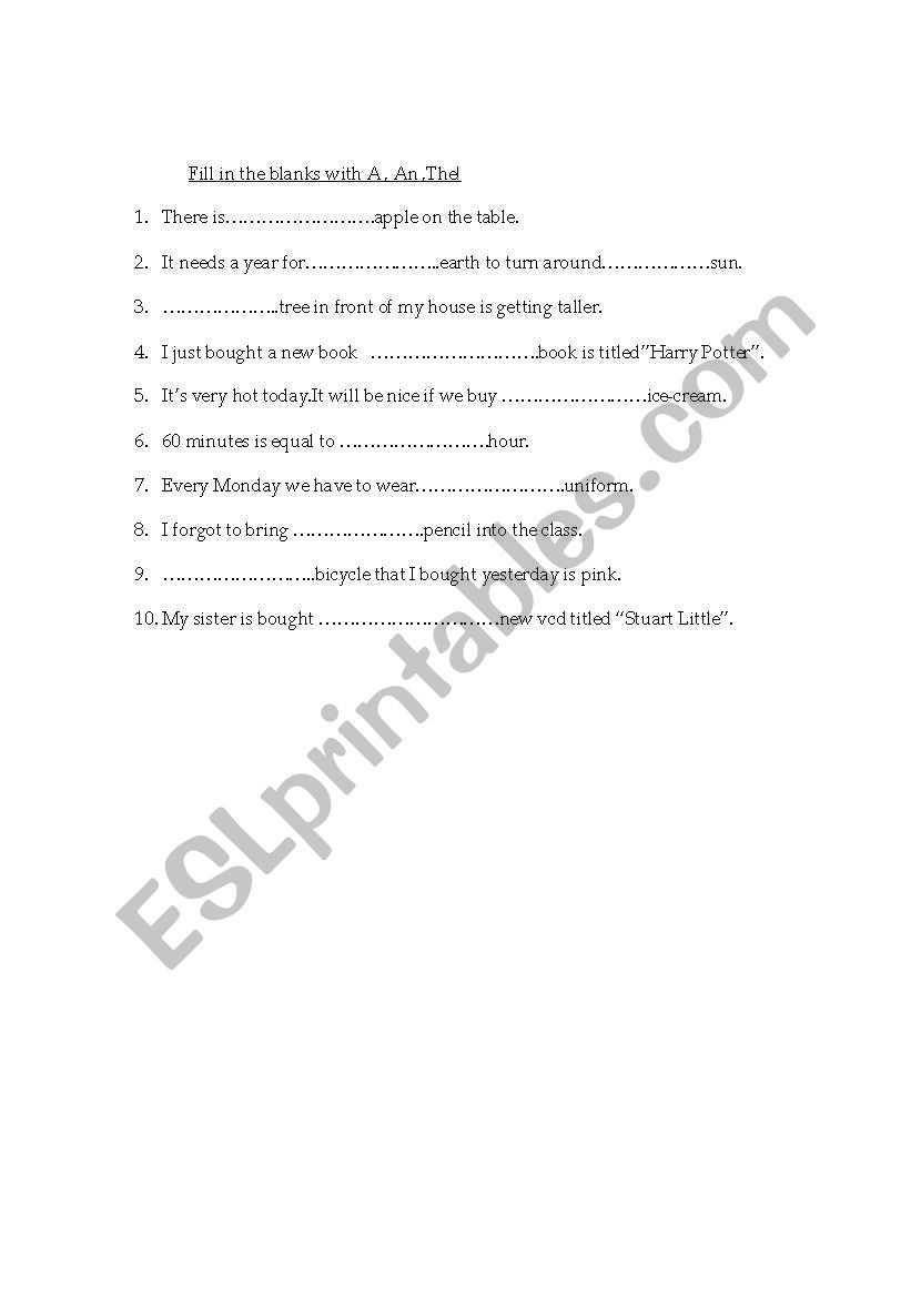 articles worksheet