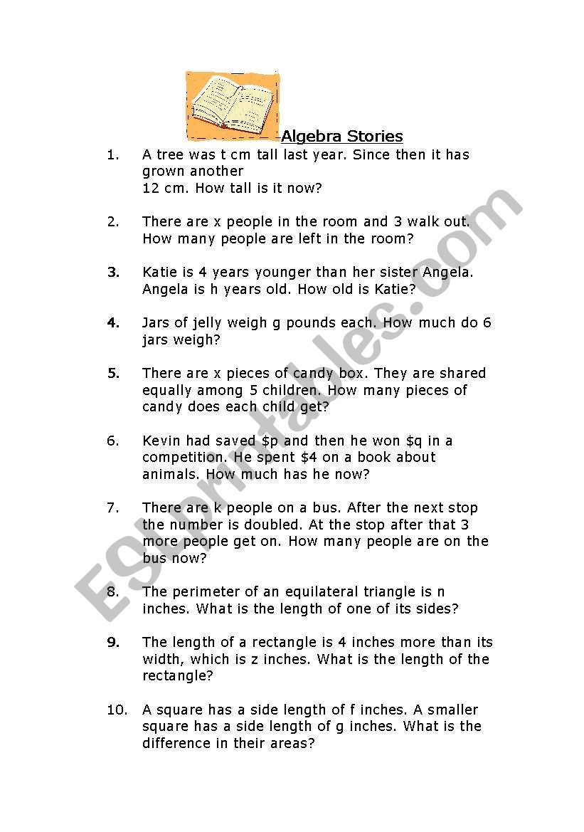 Algebra Stories worksheet