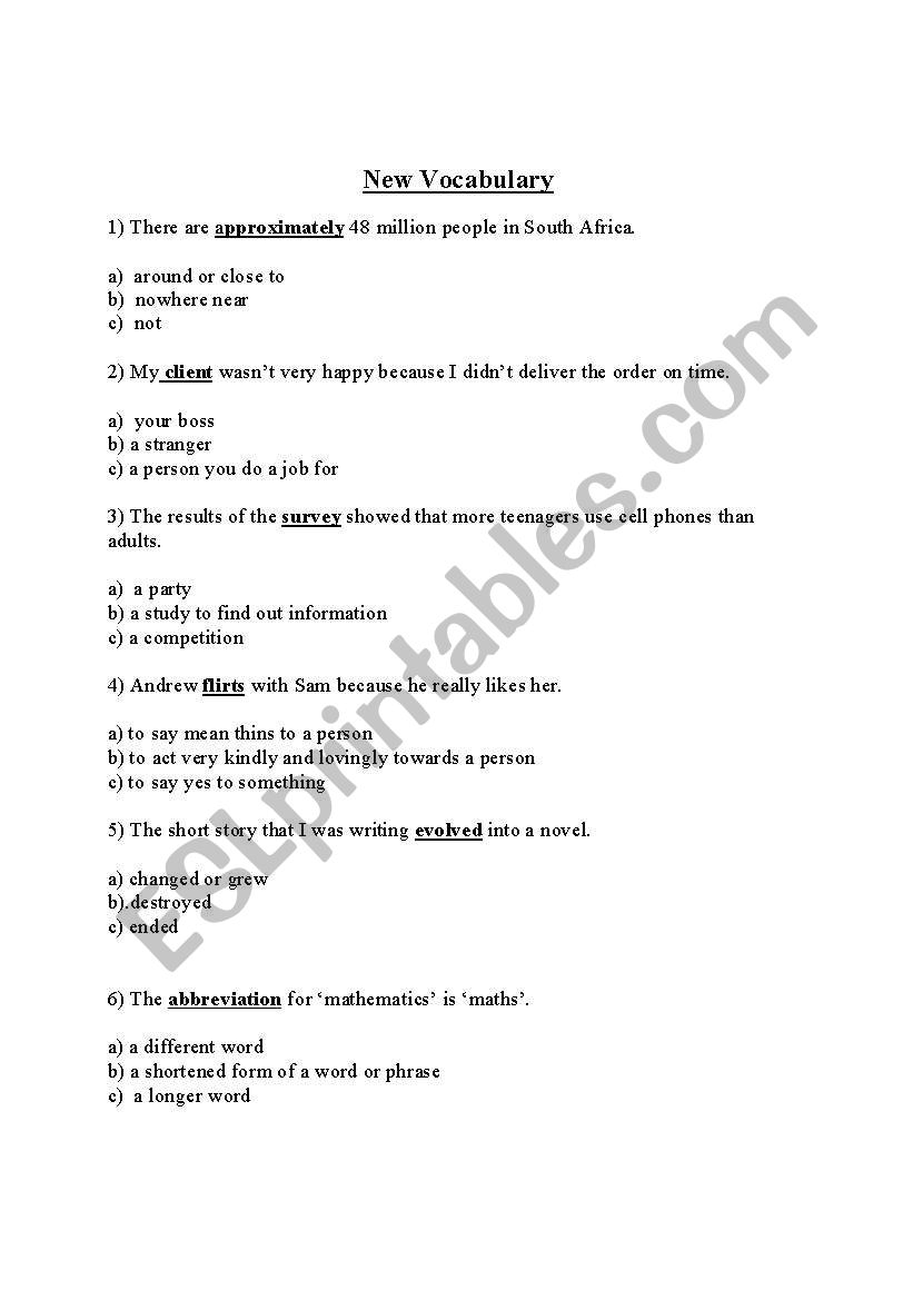 Vocabulary worksheet