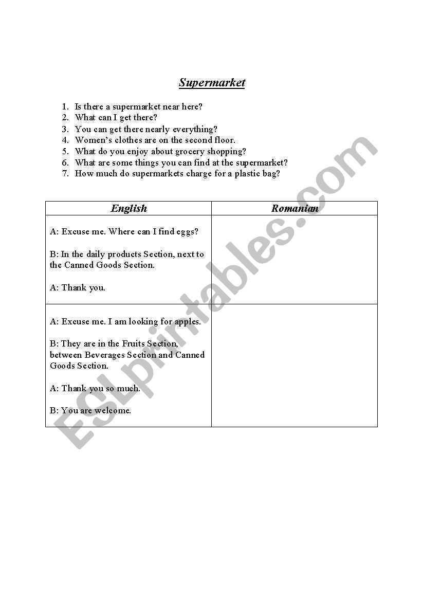 Supermarket worksheet