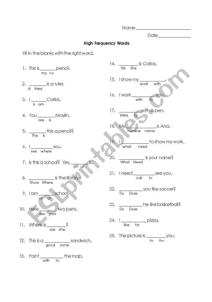 High Frequency Word Quiz 1 (young/beginner)