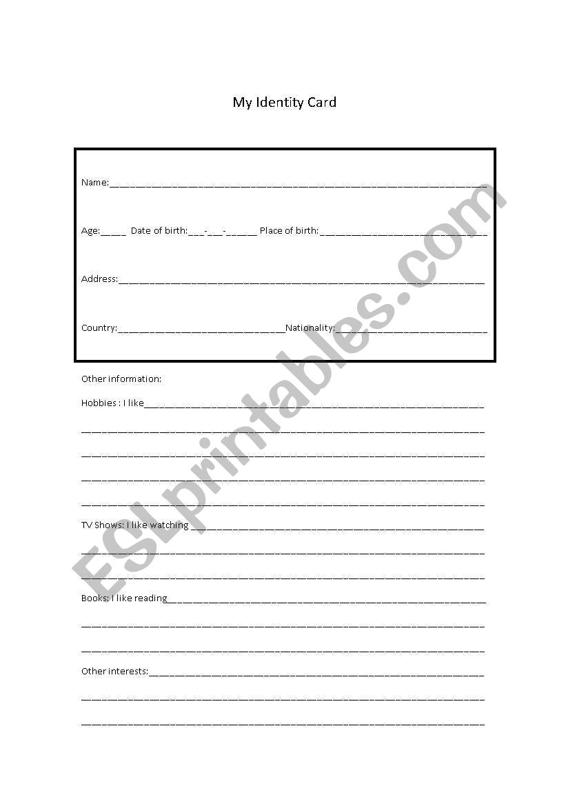 personal information worksheet