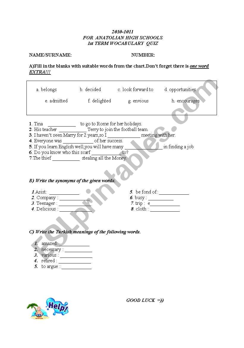 A VOCABULARY QUIZ worksheet