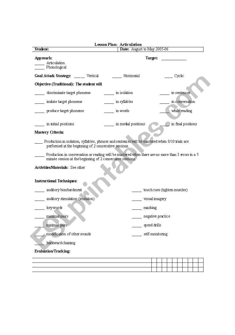 Articulation Lesson Plan worksheet