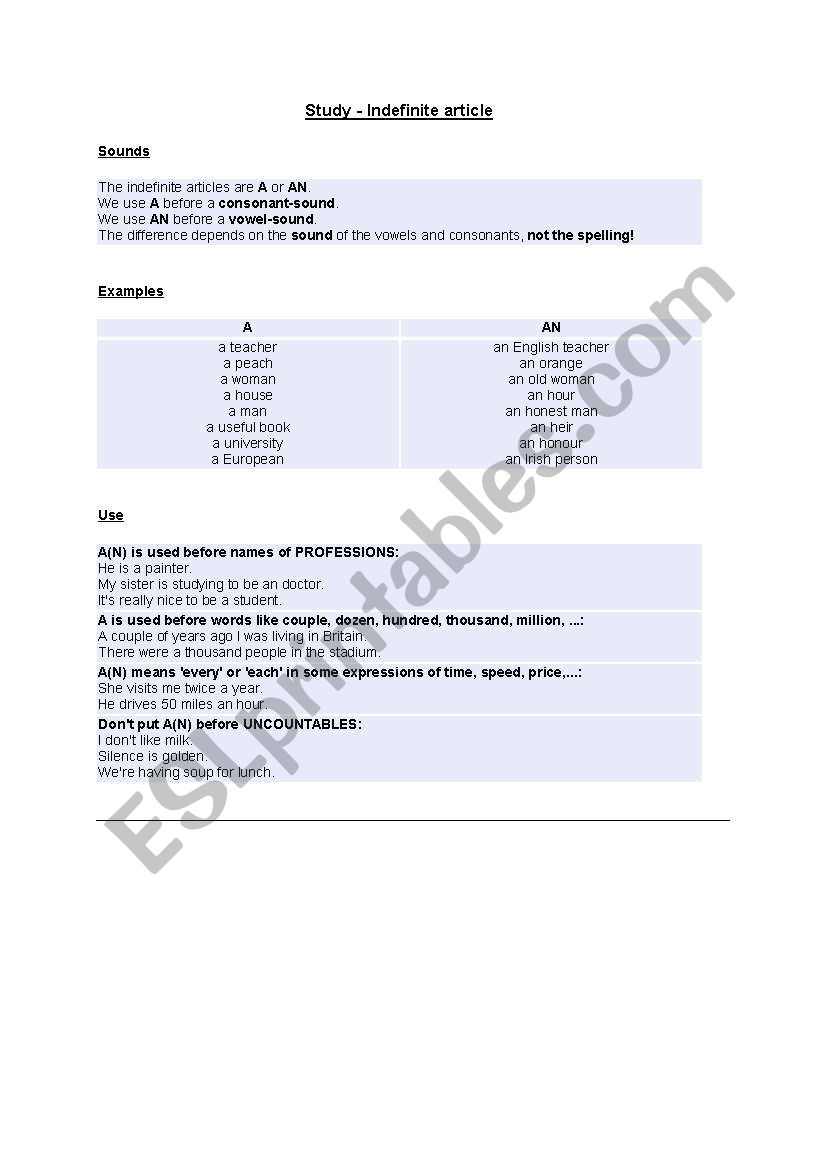 Indefinite articles worksheet