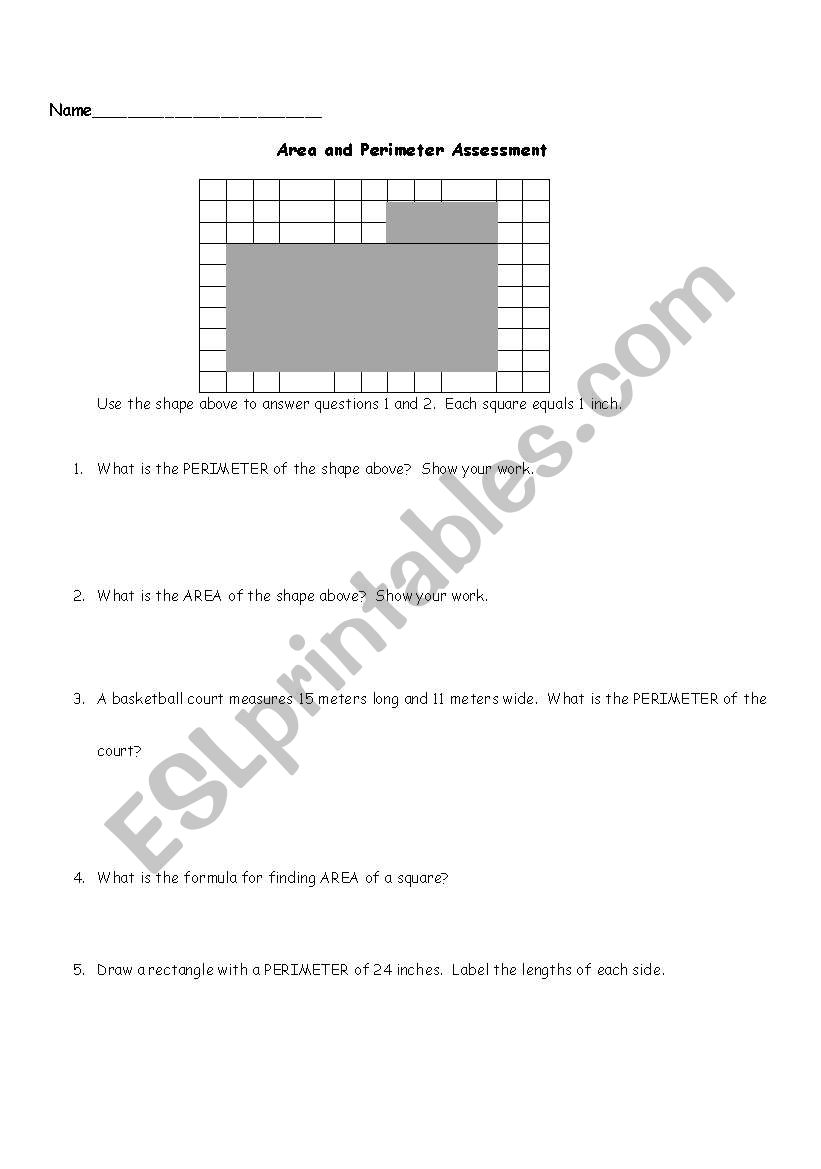 Area and Perimeter assessment worksheet