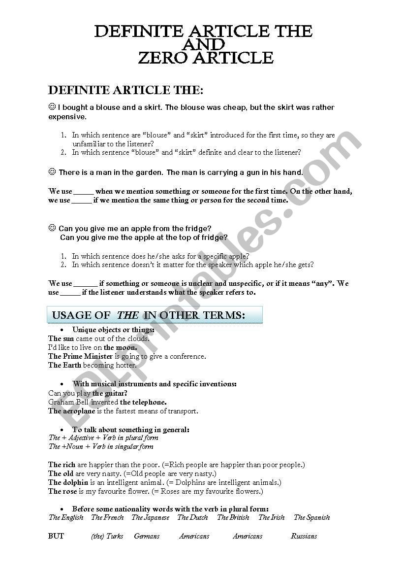 THE or ZERO ARTICLE worksheet