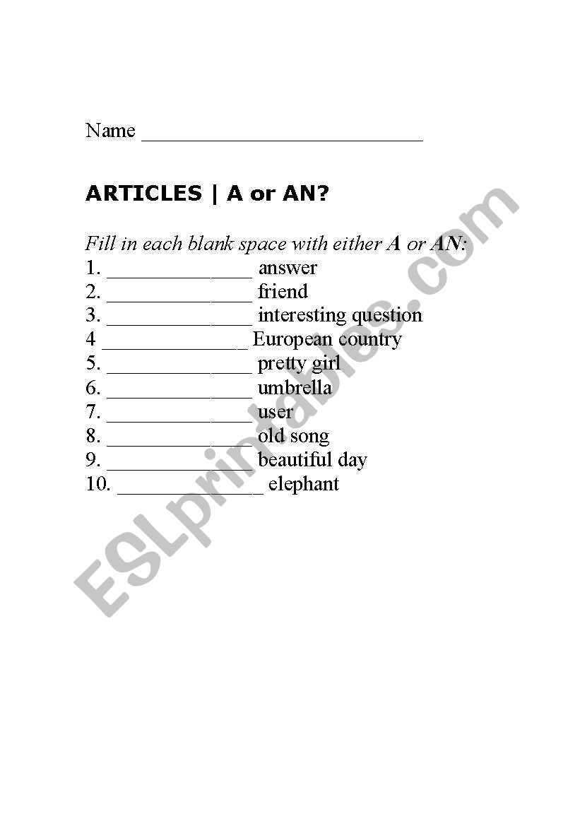 Articles A or An worksheet