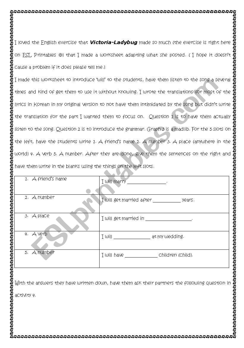 Ladybug Will You Marry Me Song Esl Worksheet By Endless0728